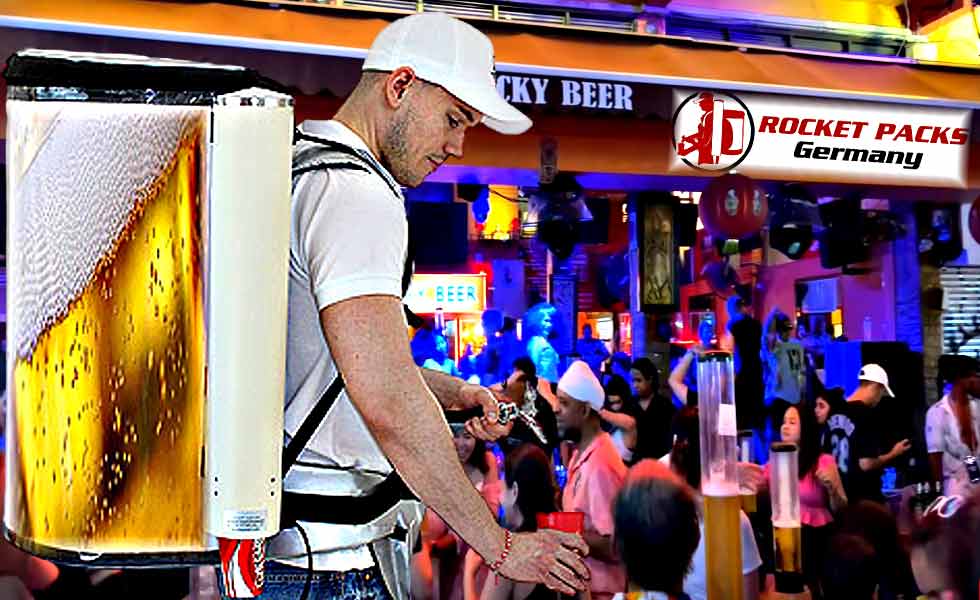 A Rocketpacks drink dispenser is a device designed to efficiently and hygienically dispense beverages. Typically used in commercial and social settings, such as restaurants, cafeterias, parties, or events, a drink dispenser is equipped with a mechanism for controlled pouring or serving of liquids. These backpack devices often come in various sizes and styles, ranging from small countertop units for personal use to large, automated systems for high-capacity events.