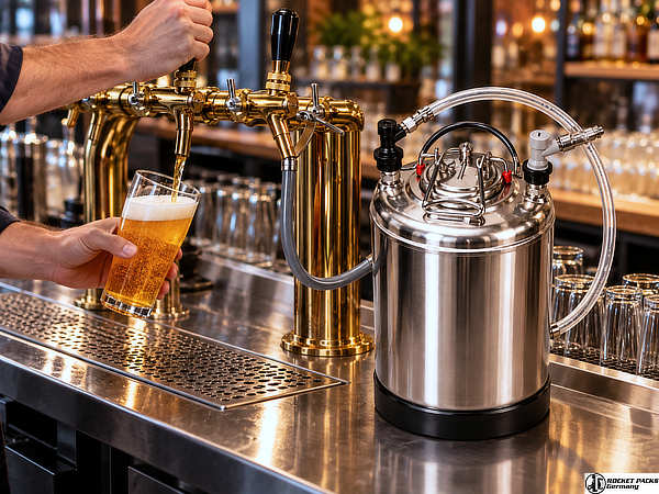 Bier-Umfüllung an einer Zapftheke mit Edelstahlbehälter, Schläuchen und Zapfhahn