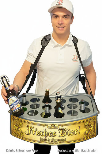 Professioneller Bierbauchladen von RocketPacks für den mobilen Getränkeverkauf auf Events und in Stadien