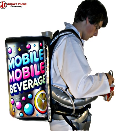 Human-to-human marketing with mobile cold beverage Rocketpacks showcasing at IFE - The International Food & Drink Event. Providing refreshing cold drinks on the go, perfect for creating genuine connections and enhancing customer experiences. This innovative solution ensures efficient and convenient service at trade shows, festivals, and promotional campaigns.