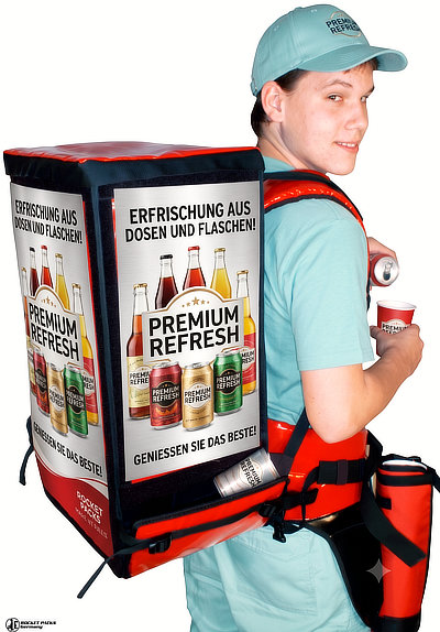 Isolierter Getränkerucksack für die mobile Verteilung von Dosen und Flaschen.