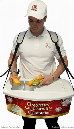 Isolierter Eiscreme-Bauchladen von RocketPacks für den mobilen Verkauf von Speiseeis bei Events