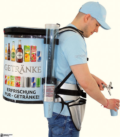 Getränkerucksack Basic 15 Liter mit Zapfhahn und Becherspender für den mobilen Ausschank.