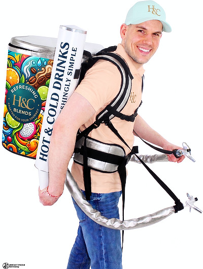Getränkerucksack mit zwei 15-Liter-Tanks und separaten Zapfhähnen für den mobilen Ausschank.