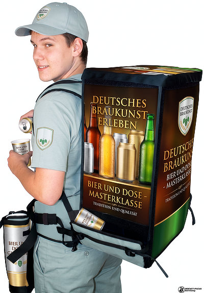 Isoliertem Getränkerucksack für den mobilen Verkauf von Dosen und Flaschen.