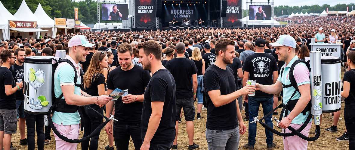 Mobiler Getränkeausschank mit Getränkerucksäcken auf einem Festival