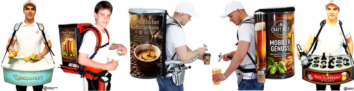 Mobiler Getränkerucksack von RocketPacks im Einsatz für den Bierausschank und Promotion bei einem Event.