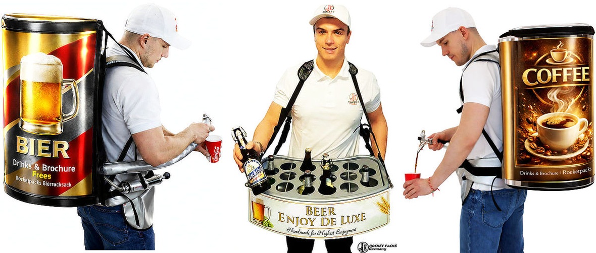 Professioneller Getränkerucksack von Rocketpacks für den mobilen Ausschank von Bier und Kaffee bei Events.