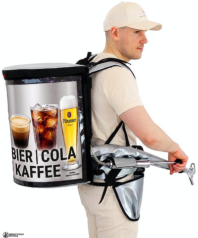 Getränkerucksack Pro 11 Liter mit Edelstahlbehälter, Zapfhahn und Frontwerbefläche.