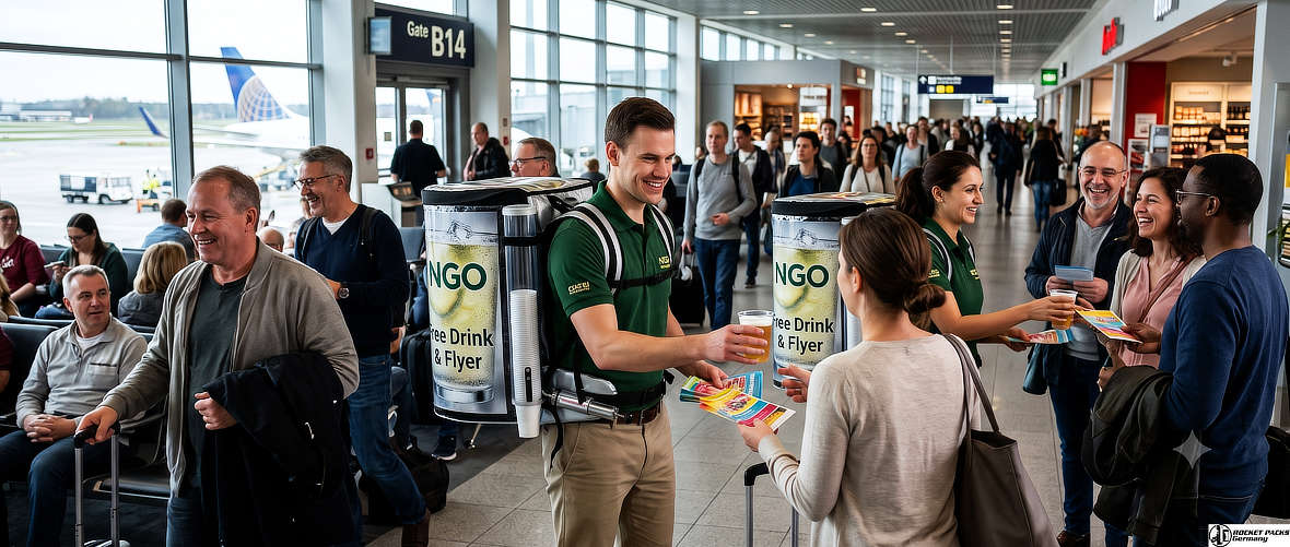 Promotionteam verteilt Getränke mit mobilen Getränkerucksäcken an Passagiere im Flughafen.
