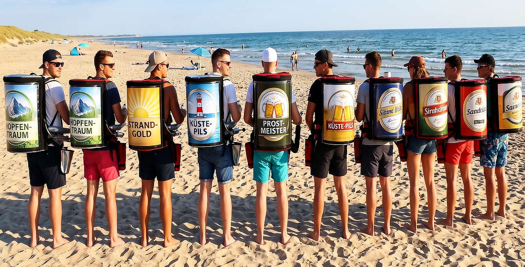 Promotionteam mit Getränkerucksäcken bei einem Strand-Event
