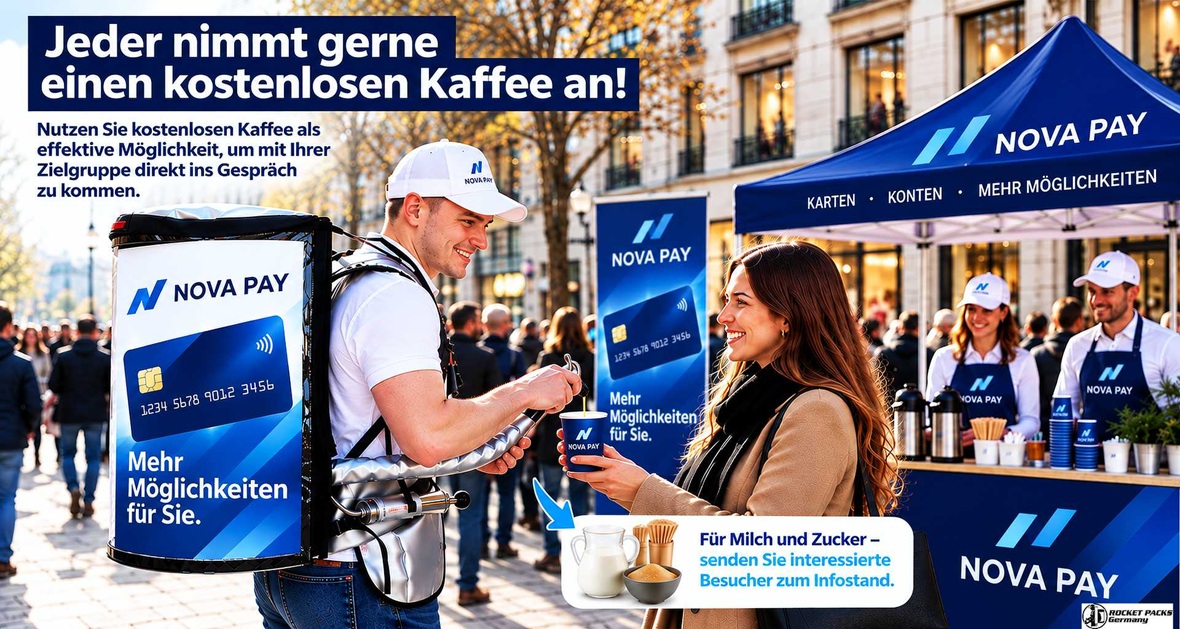 Kaffee-Promotion für eine Kreditkarte mit mobilem Getränkerucksack und Weiterleitung interessierter Besucher zum Informationsstand