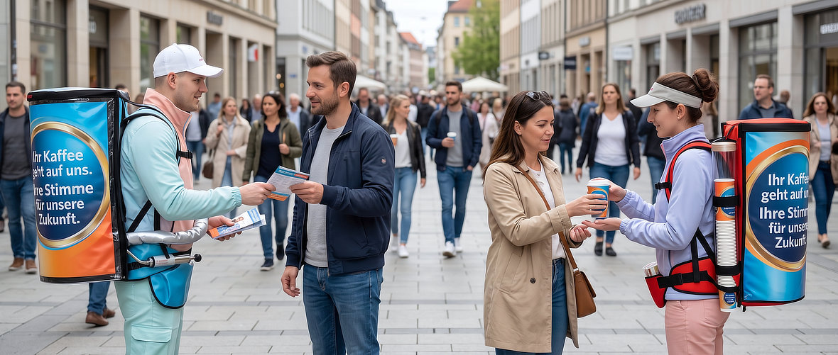 Promotionpersonal verteilt kostenlosen Kaffee und spricht Passanten bei einer mobilen Marketingaktion an