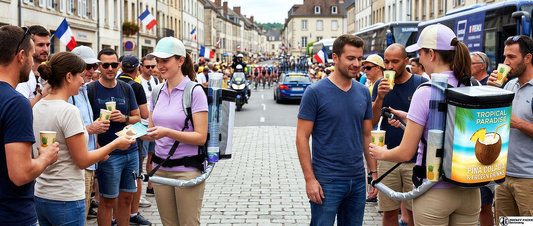 Promoterin verteilt gekühlte Getränke aus einem mobilen Ausschank Rucksack system bei einer gut besuchten Straßenveranstaltung.