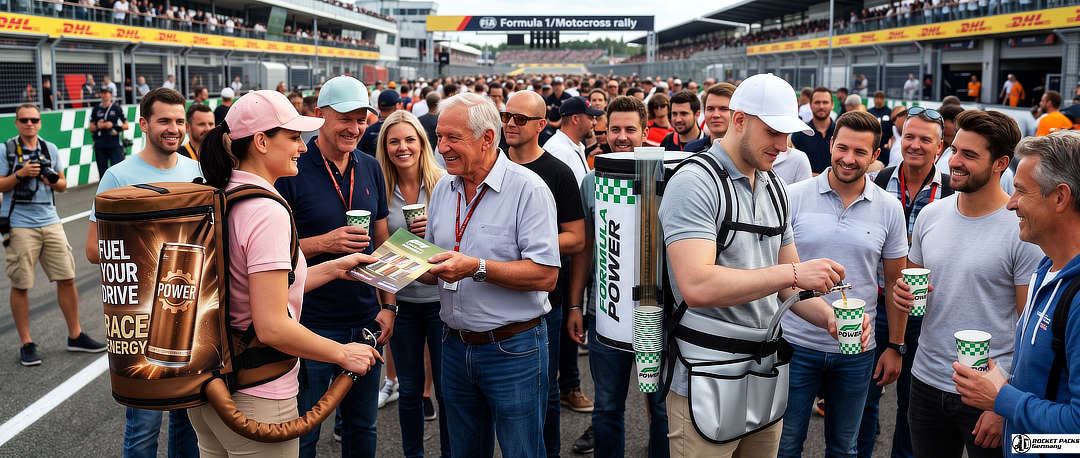 Promoter beim mobilen Getränkeausschank auf einer Motorsportveranstaltung