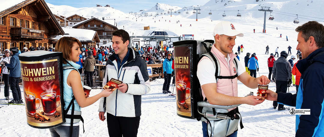 Mobiler Ausschank von Glühwein und Heißgetränken bei einer Veranstaltung im Skigebiet.