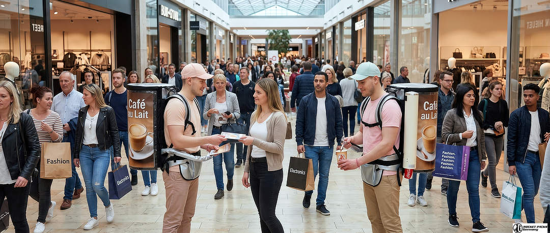 Mobiler Kaffeeausschank mit zwei Promotern bei einer Aktion im Einkaufszentrum