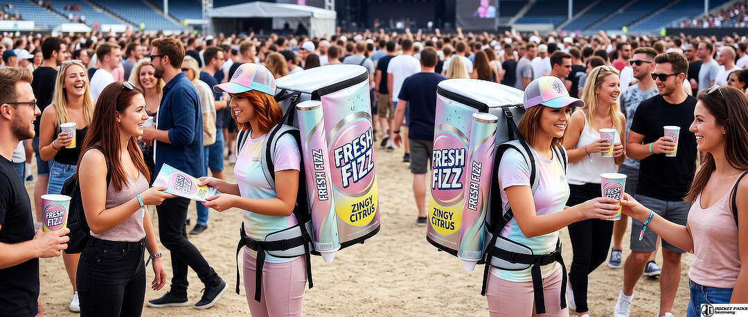 Zwei Promoter mit Pro 11-Liter-Getränkerucksäcken bei einer Veranstaltung