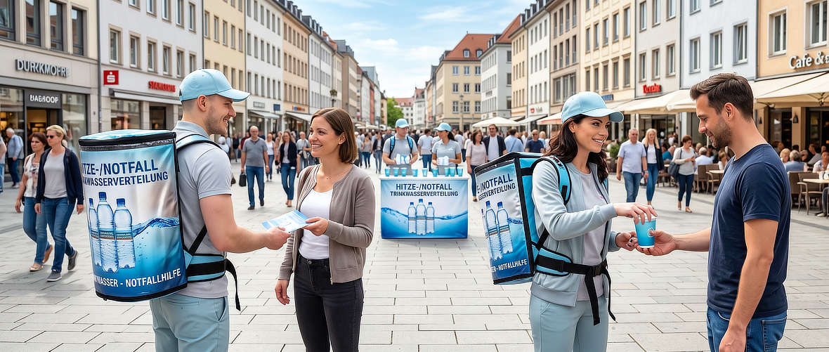 Rocketpacks Promotionpersonal verteilt Getränke und Informationsmaterial bei einer mobilen Samplingaktion in der Innenstadt