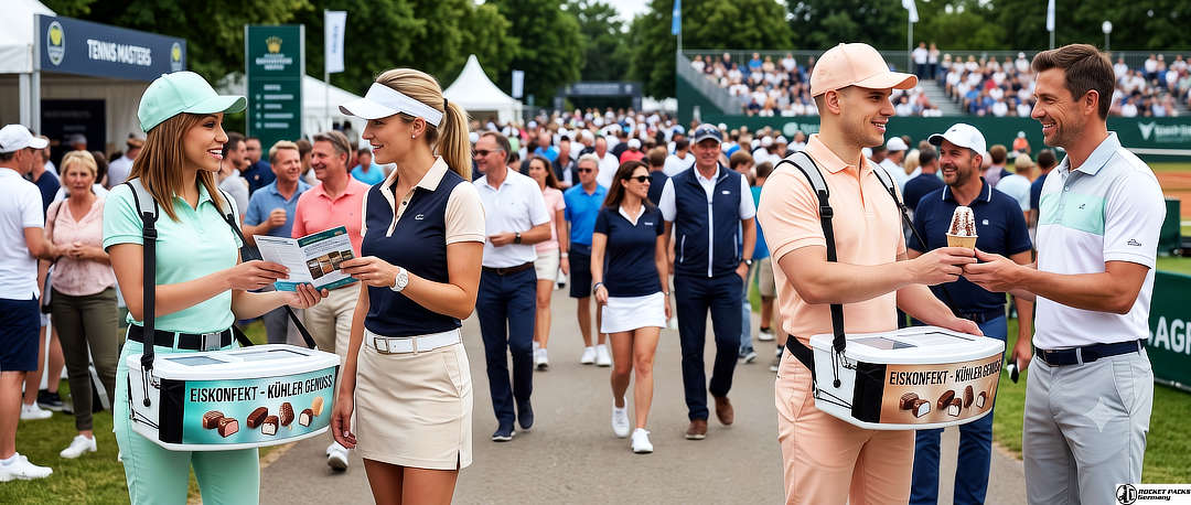 Promoter mit individuell gebrandeten Bauchläden und Rucksack bei einer gut besuchten Sportveranstaltung