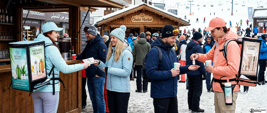 Promoter mit Werberucksäcken bei einer Sampling-Aktion zur mobilen Verteilung von Produktproben