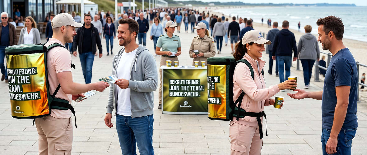 Promotionteam mit Sampling-Rucksäcken bei einer mobilen Outdoor-Promotion mit direkter Kundenansprache
