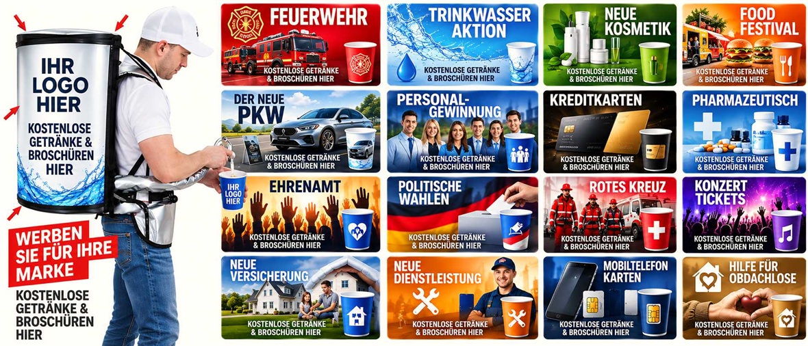 Promotion-Rucksack für Getränke und Broschüren mit Beispielen für unterschiedliche Werbe- und Samplingkampagnen