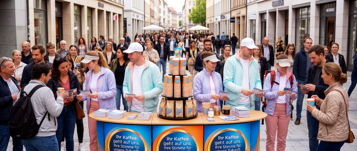 Promotionteam am Informationsstand im persönlichen Gespräch mit Besuchern während einer Markenaktion