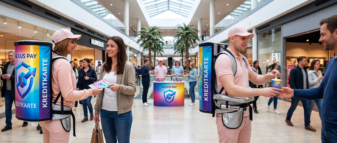 Mobiles Promotionteam bei einer Samplingaktion mit persönlicher Kundenansprache im Einkaufszentrum