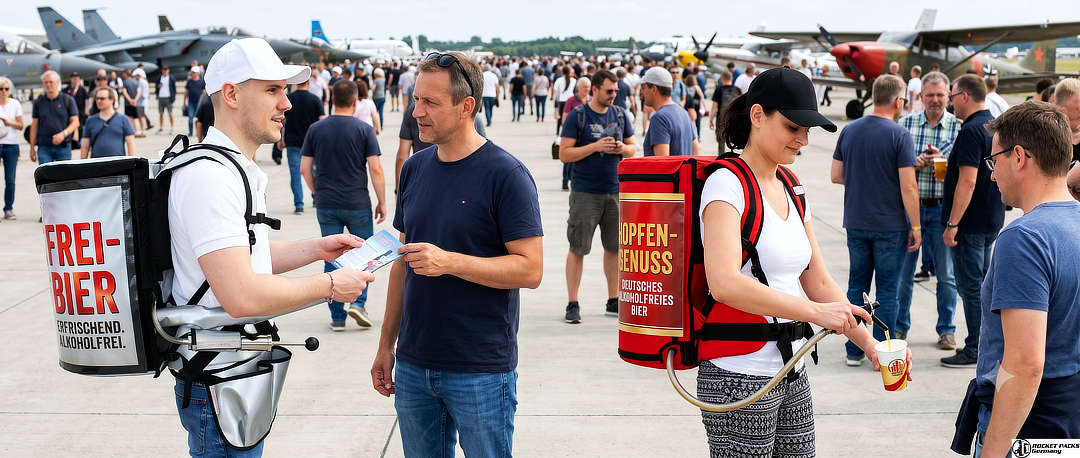 Promotionteam bei der Ausgabe von Getränken und Produktproben auf einer Flugshow