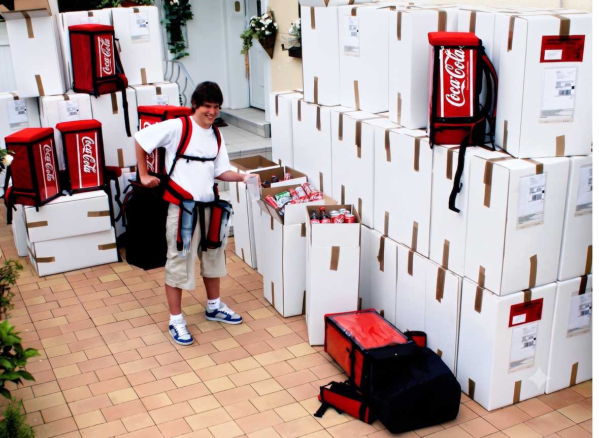 Kundenspezifische Sonderanfertigung von Getränkerucksäcken mit individuellem Coca-Cola Branding für internationale Promotion-Einsätze.