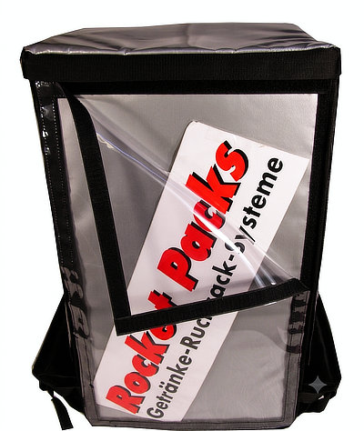 Mobiler Verkaufsrucksack mit transparenter Fläche für austauschbare Werbeeinleger