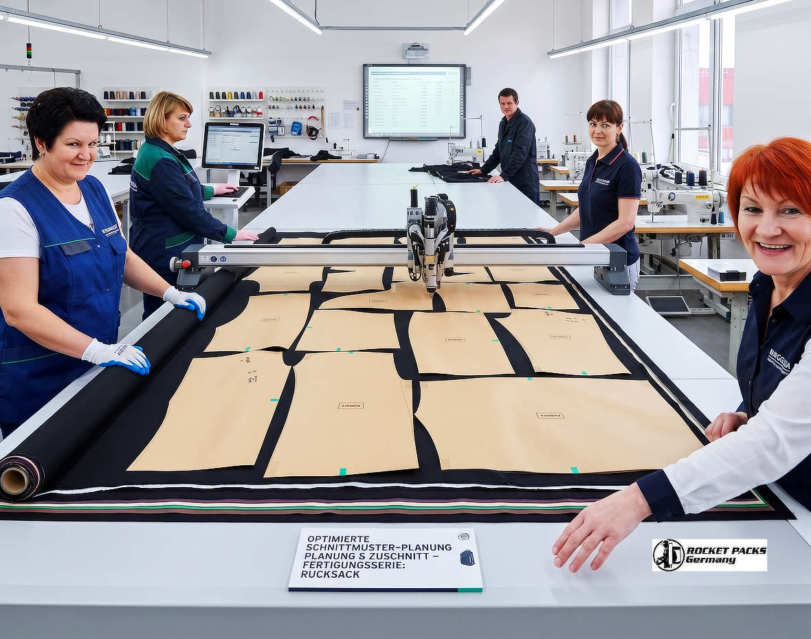 Einblick in die Werkstatt: Mitarbeiter fertigen mit modernen Schneid- und Produktionstechniken professionelle Getränkerucksäcke für den weltweiten Einsatz bei Promotion, Gastronomie und Veranstaltungen.